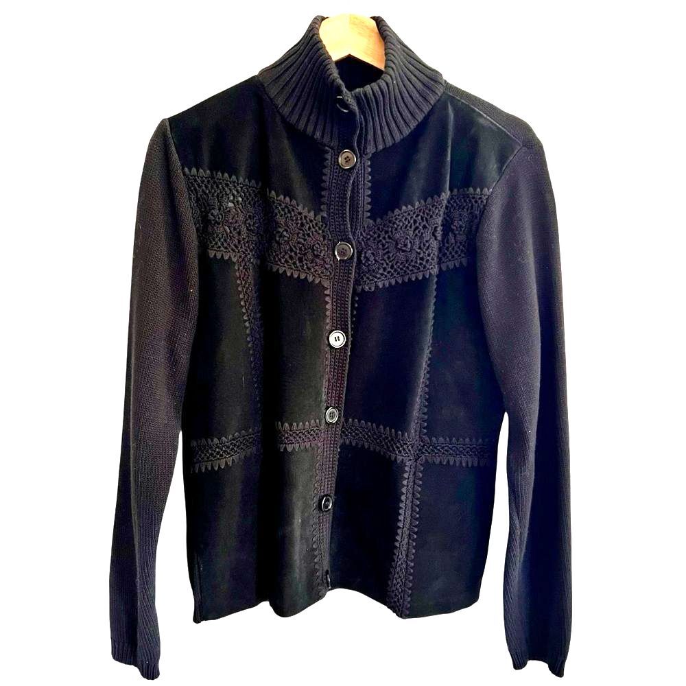 Vintage Maurice Sasson 90s Grunge Patchwork Suede Knit Cardigan Jacket Sz M